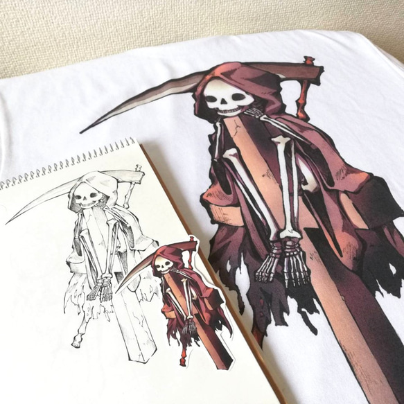 【送料無料】待ちぼうけの死神 バックプリント 半袖 シンプル 白Tシャツ オリジナル手描きイラストデザイン 5枚目の画像