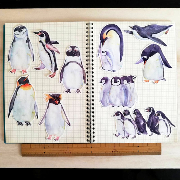 【選べる10種類】絵本風ペンギンさんのステッカー2枚セット　耐水＆UVカット・光沢素材で長期間綺麗 3枚目の画像