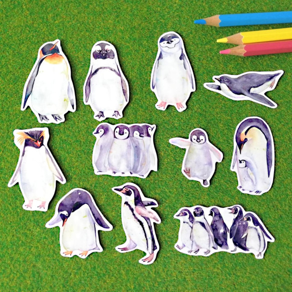 【11種類セット】絵本風ペンギンさんのステッカーミニサイズ　耐水＆UVカット・光沢素材で長期間綺麗 1枚目の画像