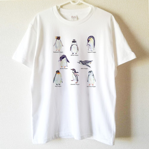 【送料無料】ペンギンの図鑑風白Tシャツ～子供から大人までみんなで使える13サイズ～ 1枚目の画像