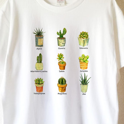 【送料無料】多肉植物とサボテンの植物図鑑風白Tシャツ～子供から大人までみんなで使える13サイズ～ 2枚目の画像