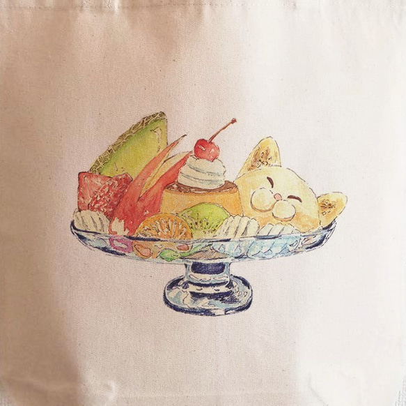 【送料無料・2サイズ】 猫のプリンアラモードトートバッグ レトロ風水彩デザイン 2枚目の画像