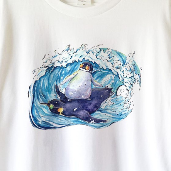 【送料無料】波乗りペンギン白Tシャツ～子供から大人までみんなで使える13サイズ～ 2枚目の画像