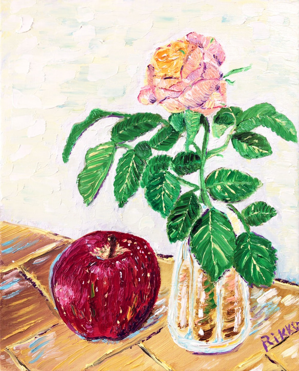 油彩画「リンゴとバラ」誕生日  結婚祝い 結婚式 ディスプレイ クリスマスプレゼント カフェインテリア　インテリア雑貨　 7枚目の画像