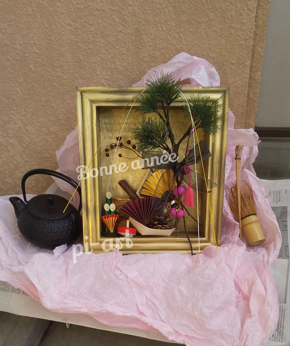 SoldOut[お正月飾り]シャビーゴールド日本画風の木箱のお正月 3枚目の画像