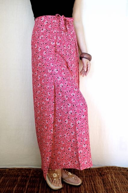 エスニック柄　ビスコース　巻パンツ　ふつう巻き67cm　M丈95cm　ピンク時蔓花柄