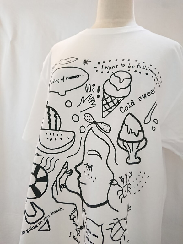 アトリエichiオリジナル！夏をぎゅっと詰め込んだ✨楽しいプリントtシャツ※生地色ホワイト×ブラック 9枚目の画像