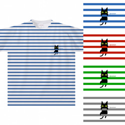 ボーダーによじ登る黒猫Tシャツ(大人〜子供サイズ)【全面プリント】 1枚目の画像