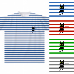 ファミリア　猫デザインボーダーTシャツ100cm ボーダーによじ登る黒猫Tシャツ(大人〜子供サイズ)【全面プリント】 T