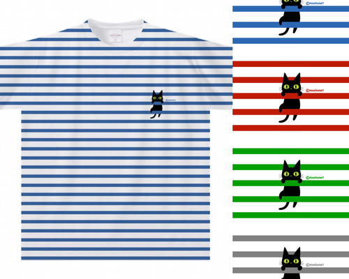 ボーダーによじ登る黒猫Tシャツ(大人〜子供サイズ)【全面プリント】 T