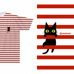 ボーダーによじ登る黒猫Tシャツ(大人〜子供サイズ)【全面プリント】 3枚目の画像