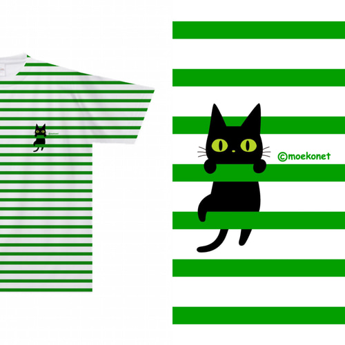 ボーダーによじ登る黒猫Tシャツ(大人〜子供サイズ)【全面プリント】 T