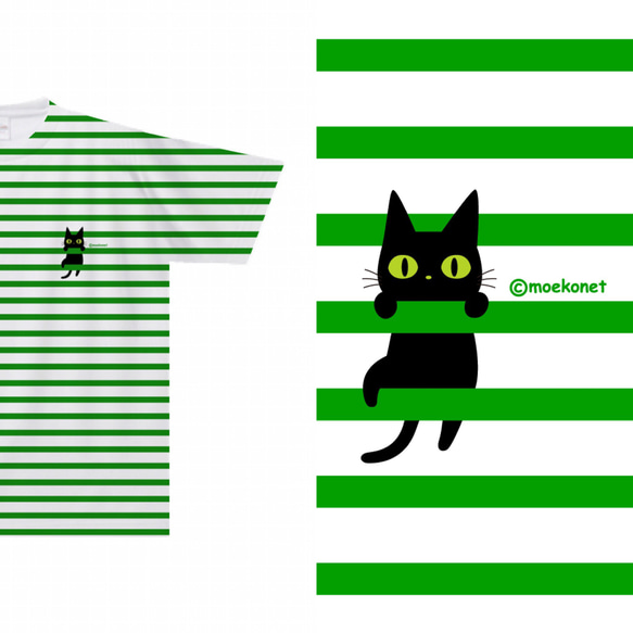 ボーダーによじ登る黒猫Tシャツ(大人〜子供サイズ)【全面プリント】 4枚目の画像