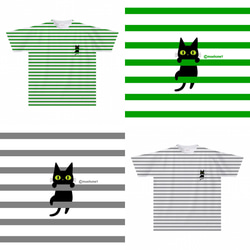 ボーダーによじ登る黒猫Tシャツ(大人〜子供サイズ)【全面プリント】 8枚目の画像