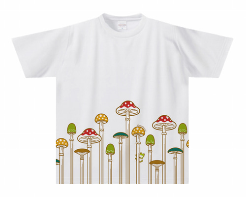 きのこ柄(カエルつき)Tシャツ(大人〜子供サイズ)【全面プリント】 T