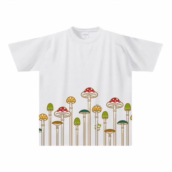 きのこ柄(カエルつき)Tシャツ(大人〜子供サイズ)【全面プリント】 T