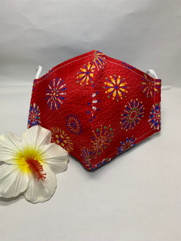  花火 立体マスク 赤 リップル生地 夏 抗菌 抗ウイルス ダブルガーゼ ハンドメイド 46