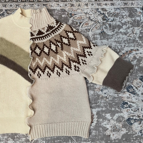 雪*様 再構築 ドッキングニット リメイク 古着 ⚡️リメイク⚡️ノルディック白×茶ドッキングニットセーター（七分袖