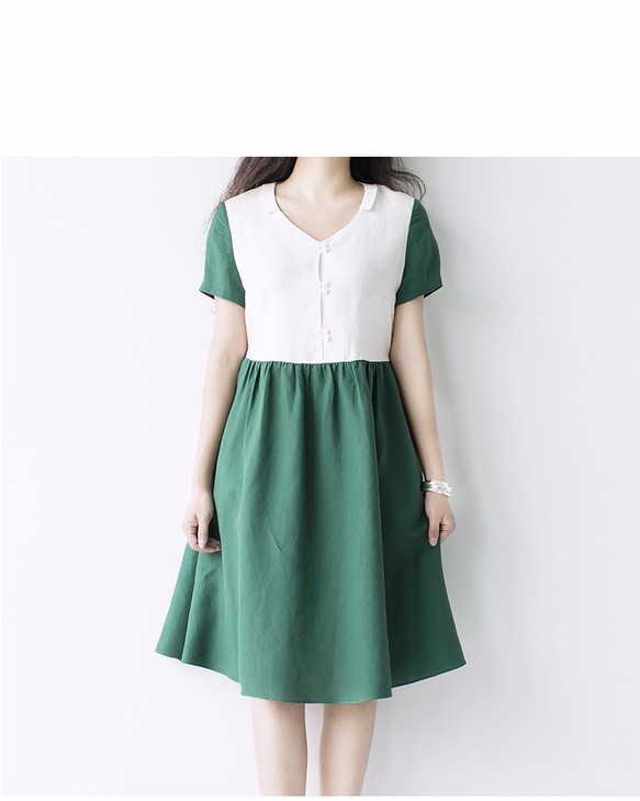 ★SALE★【M】小衿配色後ろ紐結びポケット付き半袖ワンピース♪