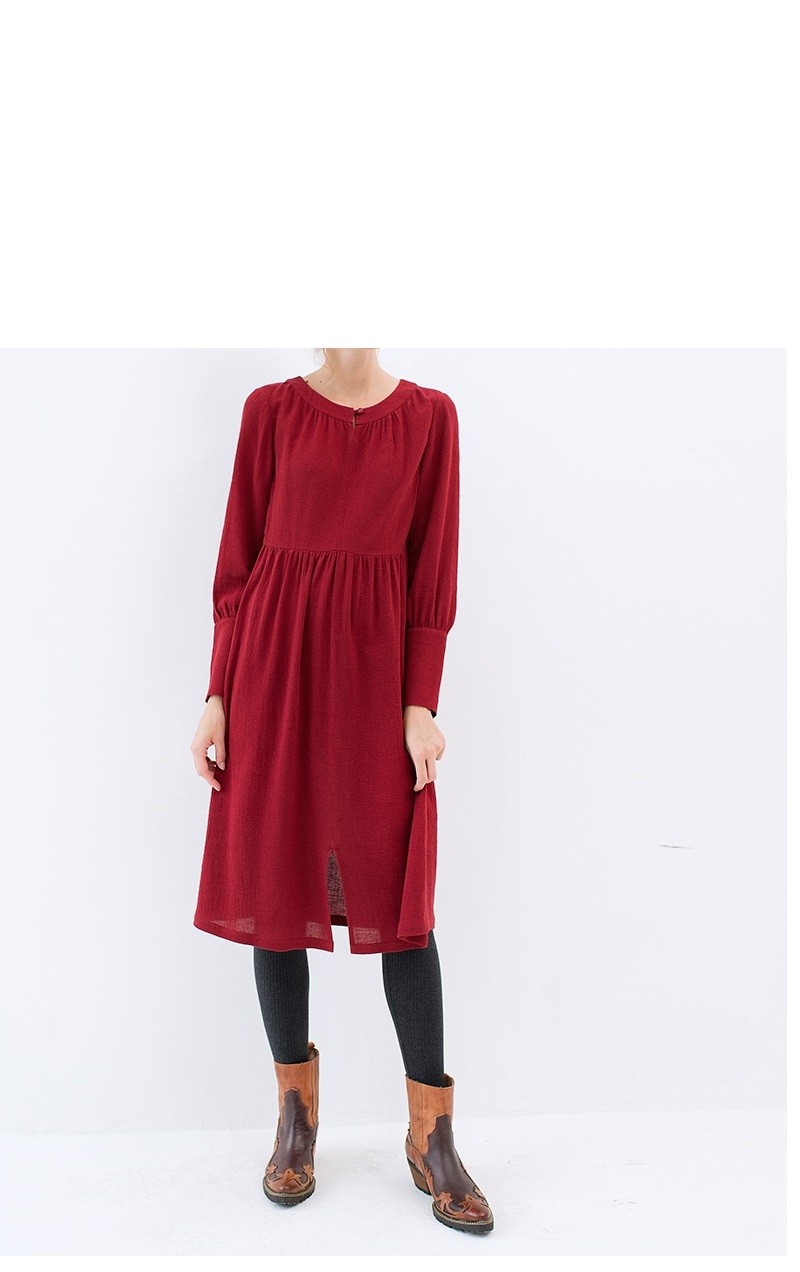 【S】秋に綿麻素材ギャザー寄せ大人可愛い長袖ワンピース♪