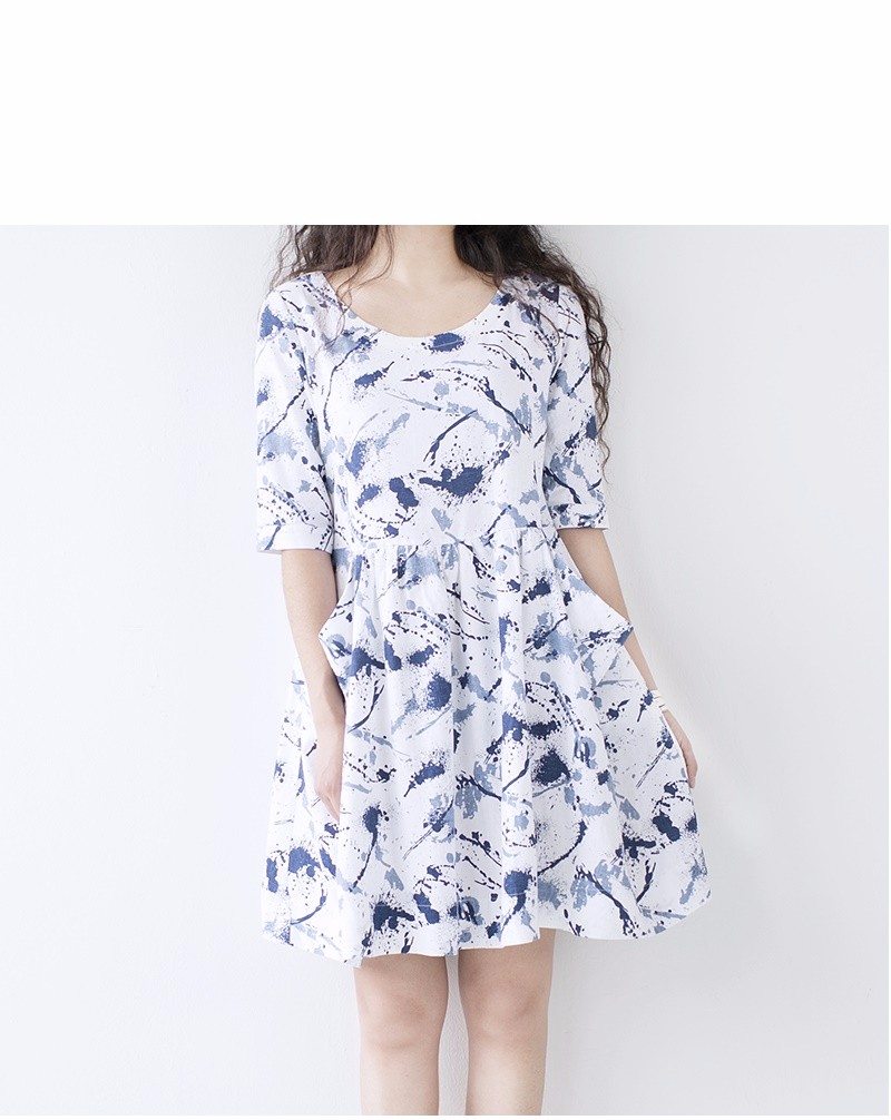 【L】シンプルなプリントポケット付五分袖ワンピース♪