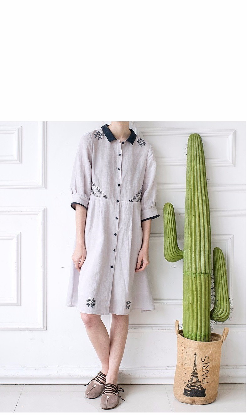 ★SALE★【M】配色小衿シンプルな刺繍入りリネン七分袖ワンピース♪