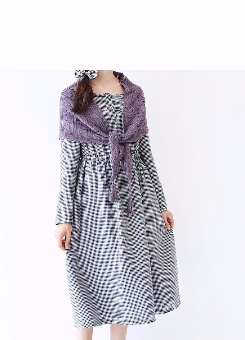 【S】リネンチェック地フリル襟大人可愛いワンピース♪
