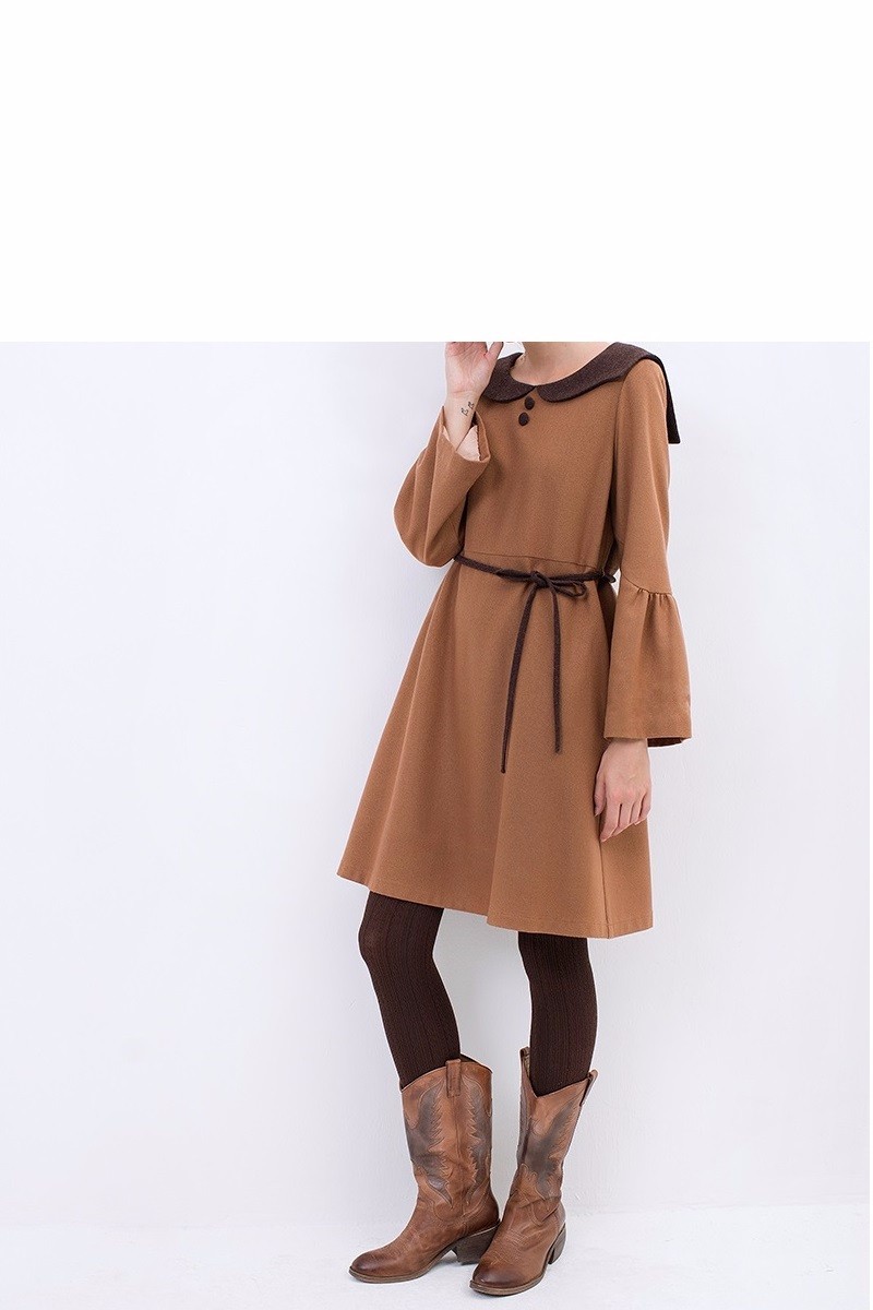 【M】配色襟、釦付大人可愛いウール混ワンピース♪