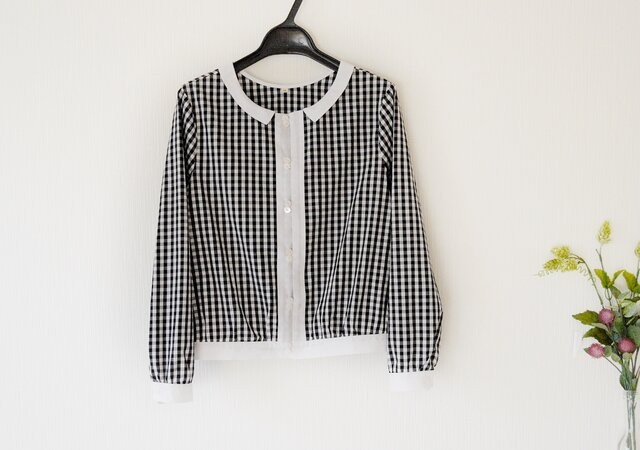 【S】上質コットン小衿付きチェック柄ダブル釦の長袖ブラウス♪