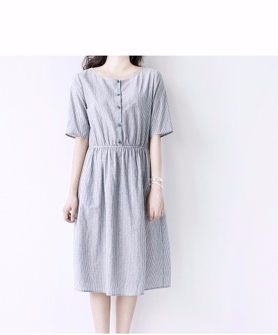 【M】ストライプ半開きシンプルな半袖ワンピース