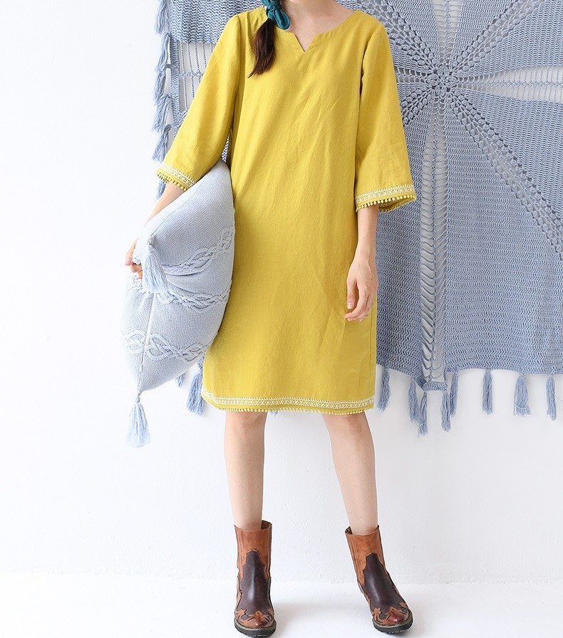 【L】リネン100％刺繍入りゆったり五分袖ワンピース♪