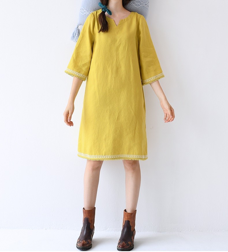 【L】リネン100％刺繍入りゆったり五分袖ワンピース♪