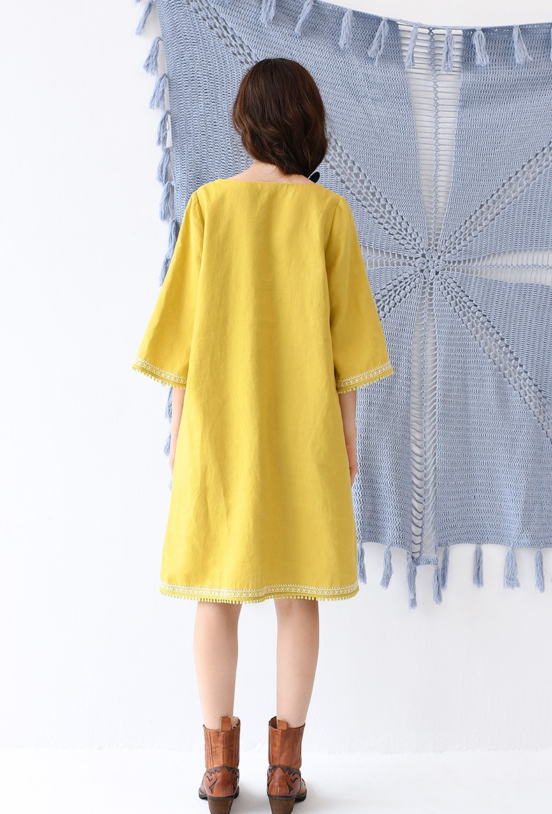【L】リネン100％刺繍入りゆったり五分袖ワンピース♪