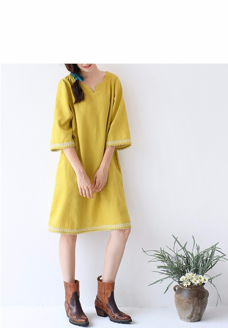 【M】リネン100％刺繍入りゆったり五分袖ワンピース♪
