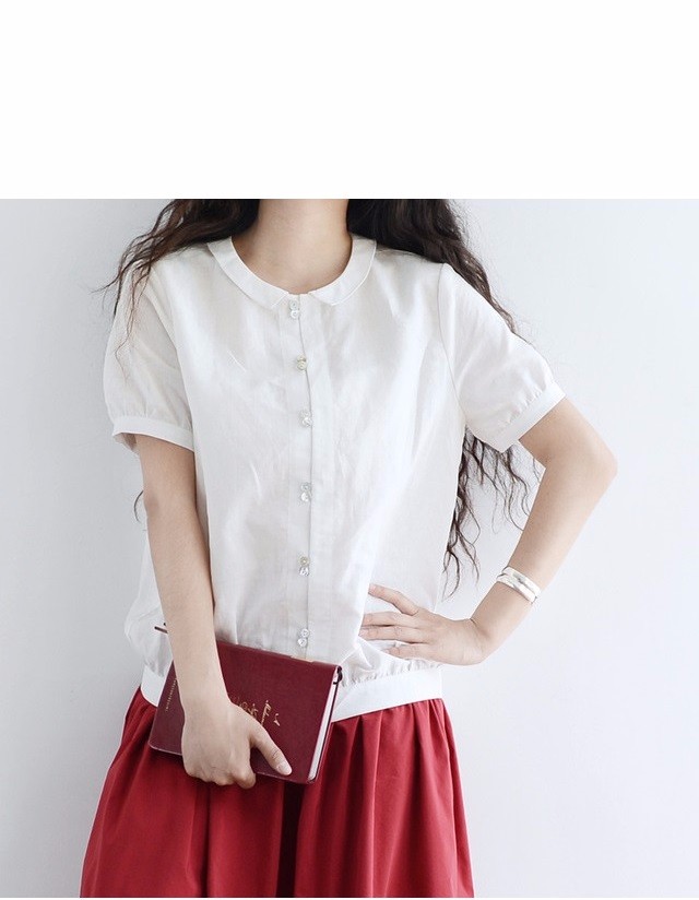 【L】上質リネン小衿前開きシンプルな半袖ブラウス♪