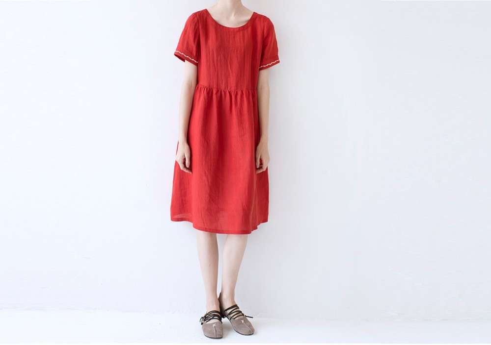 ★夏新作一点のみ★リネン100％刺繍ポケット付シンプルな大人可愛い半袖ワンピース♪