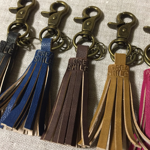 革 レザー＊フリンジ タッセル キーホルダー キーリング＊手染め