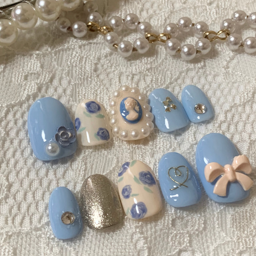 オーダーネイルチップ バラネイル 水色ネイル ブルーネイル ガーリーネイル オーダーネイルチップ バラネイル 水色ネイル ブルーネイル ガーリー