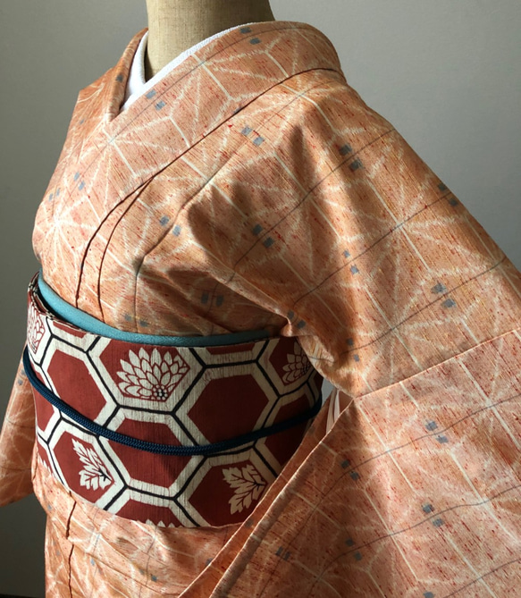 正絹 手縫い単衣紬 コーラルオレンジに麻の葉模様 着物 さまだや 通販