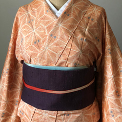 正絹　手縫い単衣紬　コーラルオレンジに麻の葉模様 6枚目の画像