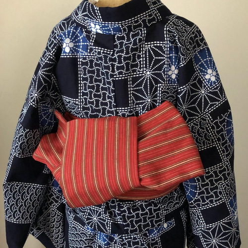 浴衣　反物　両面染め　青海波　麻の葉　紺×赤 浴衣 反物 両面染め 青海波 麻の葉 紺×赤