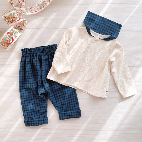ファミリアチェックのお洋服上下セット【セーラカラーブラウス