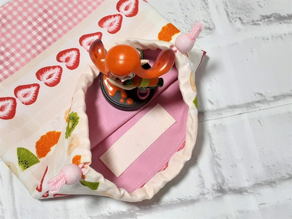 小学校給食用＊フルーツサンド柄の42×42正方形ランチクロス＆給食袋のセット【ピンク】 7枚目の画像