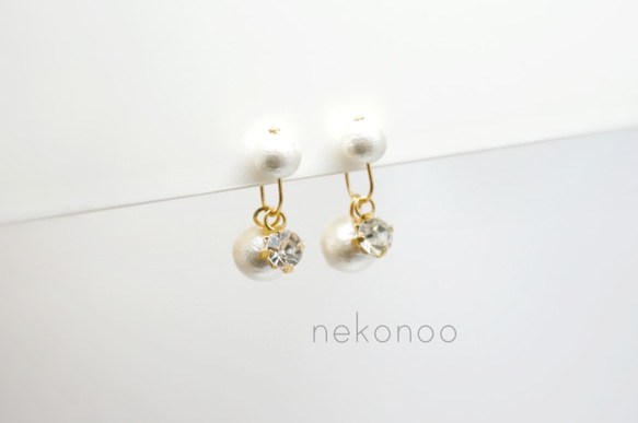 イヤリング 【 1粒コットンパール×パールビジュー 】 痛くないイヤリング ピアスみたいなイヤリング イヤーカフイヤカフ 3枚目の画像