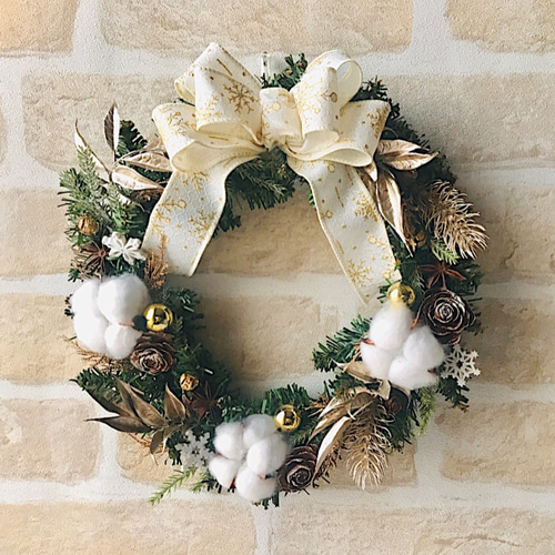 LED電飾付き クリスマスリースホワイト&ゴールド アーティフィシャル