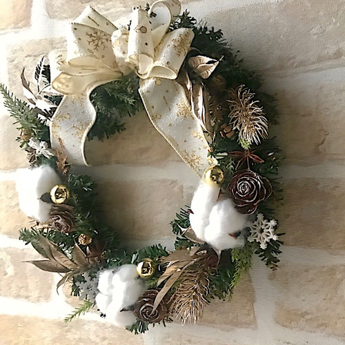 LED電飾付き クリスマスリースホワイト&ゴールド アーティフィシャル