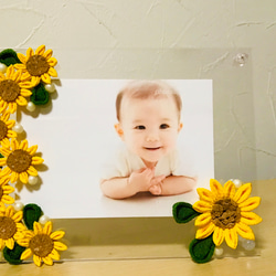 つまみ細工 チューリップとかすみ草のフォトフレーム半透明タイプ 横