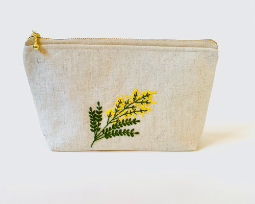 リネン刺繍ポーチミモザ 刺繍 ミモザ ファスナーポーチ ポーチ ASASORA 通販 10105096｜Creema