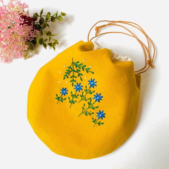 刺繍 巾着 ポーチ お花 秋カラー 3枚目の画像