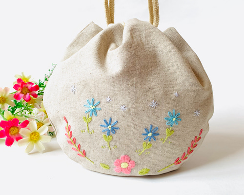 刺繍 巾着 ポーチ お花 巾着袋 ASASORA 通販 9977753｜Creema